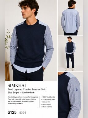 SIMKHAI Benji Combo Shirt Sweater Blue Stripe Wool Cotton Top Medium